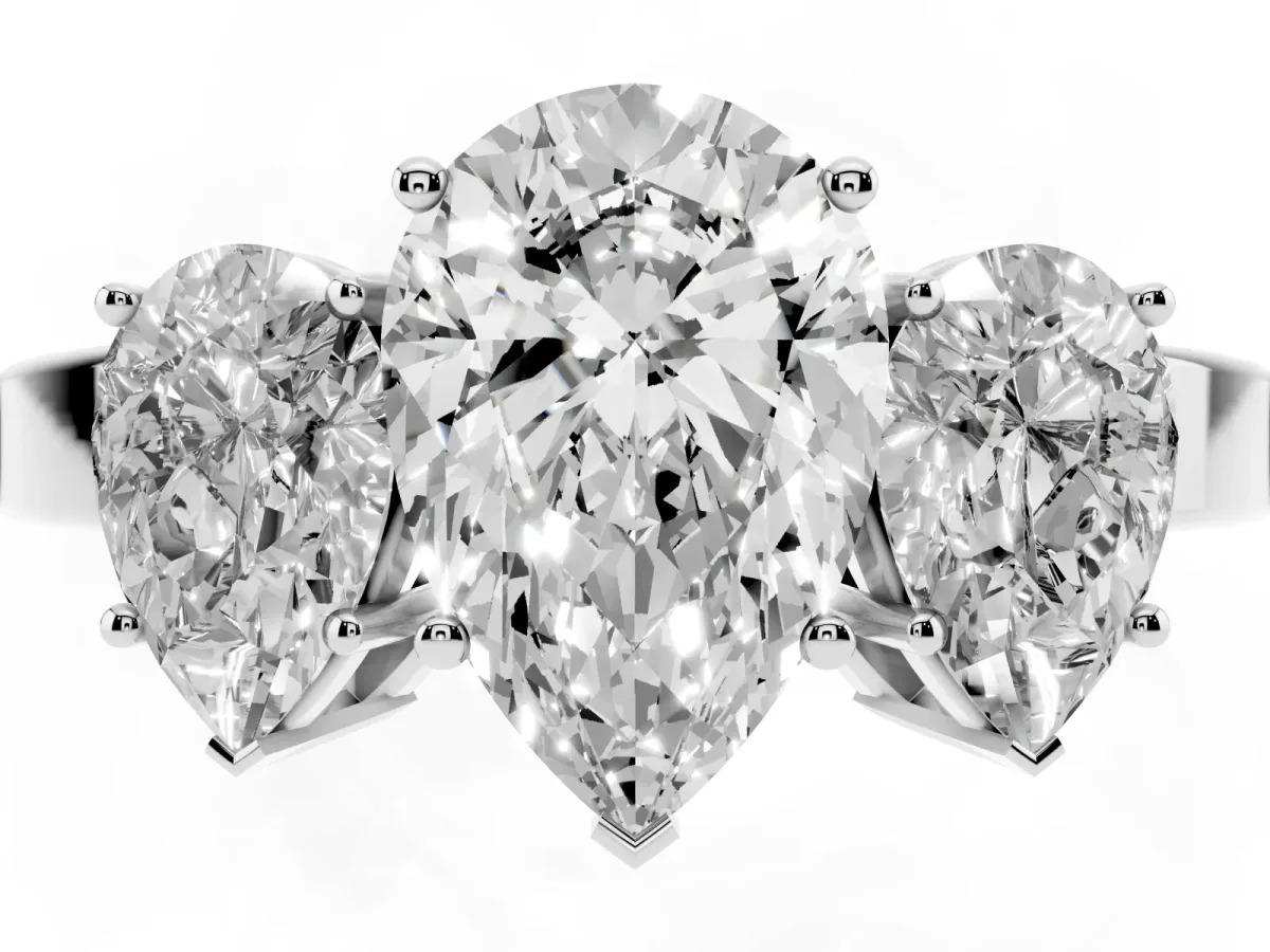 Three-Stone Pear Cut Cut Diamond Engagement Ring with Flat Band and Four-Prong Setting Silver