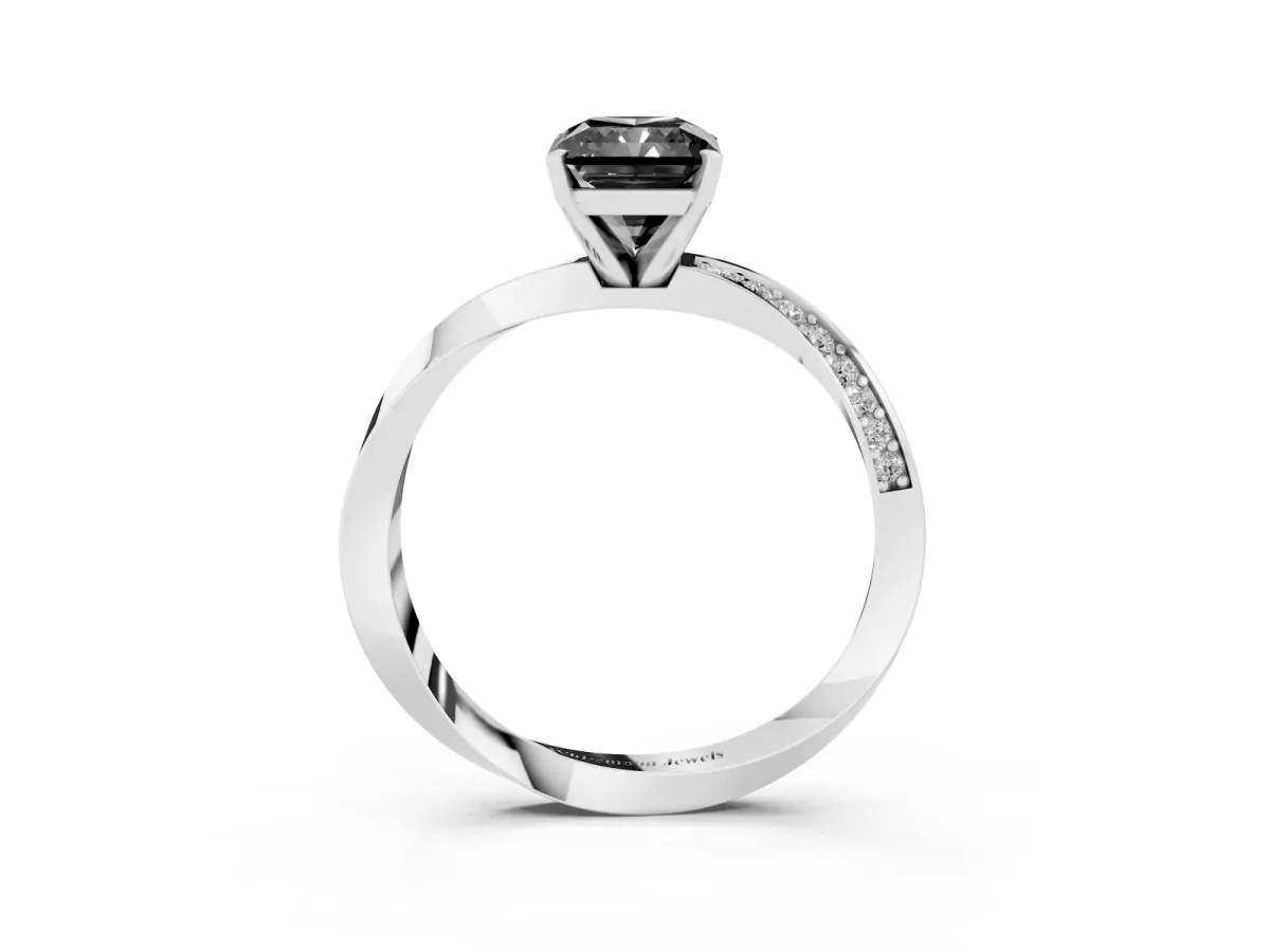 Fancy Black Radiant Cut Diamond Engagement Ring with Side Stone Accents and Four-Prong Setting Silver