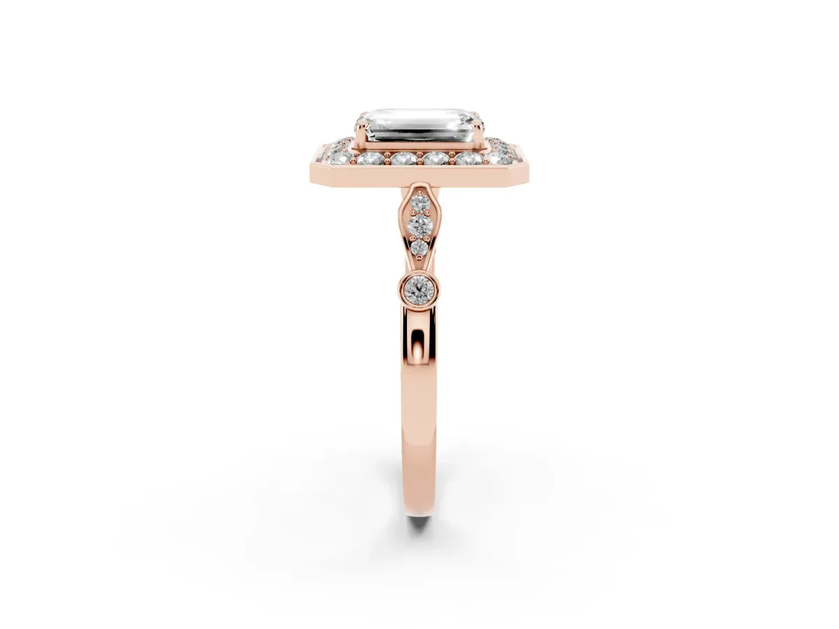 Emerald Cut Halo Diamond Engagement Ring with Twisted Band and Four-Prong Setting Rose gold