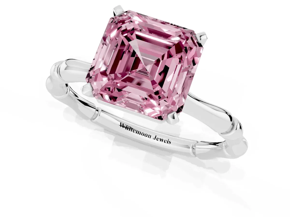 Fancy Pink Asscher Cut Solitaire Diamond Ring with Bamboo Band and Four-Prong Setting Silver
