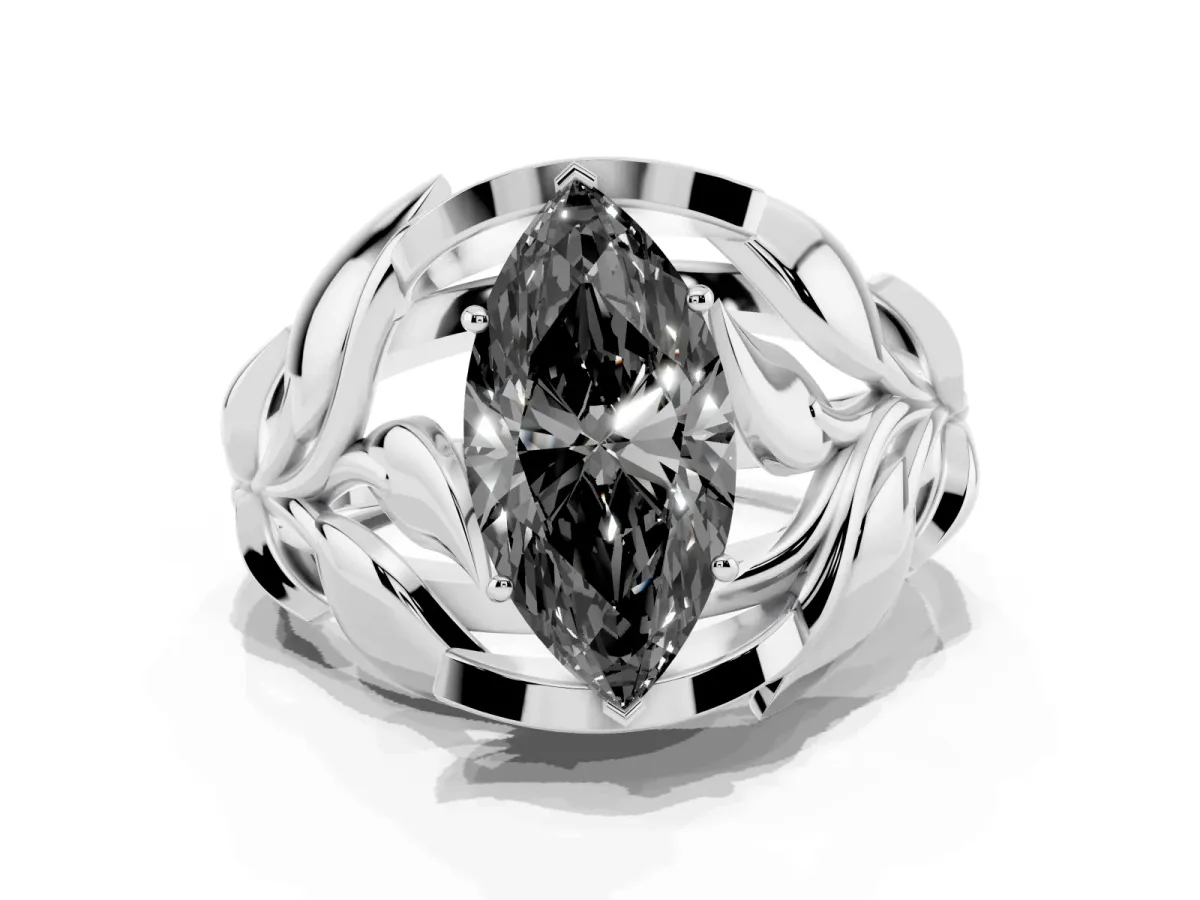 Fancy Black Marquise Cut Diamond Leaf-Inspired Engagement Ring with Round Accents and Prong Setting Silver