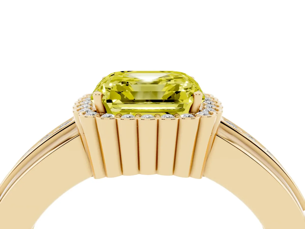 Fancy Yellow Asscher Cut Cut Halo Pave Band Four-Prong Ring Yellow gold