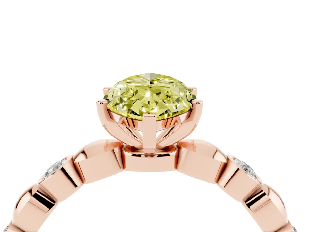 Fancy Yellow Marquise Cut Solitaire Bezel-Set Diamond Ring with Beaded Band and Four-Prong Setting Rose gold