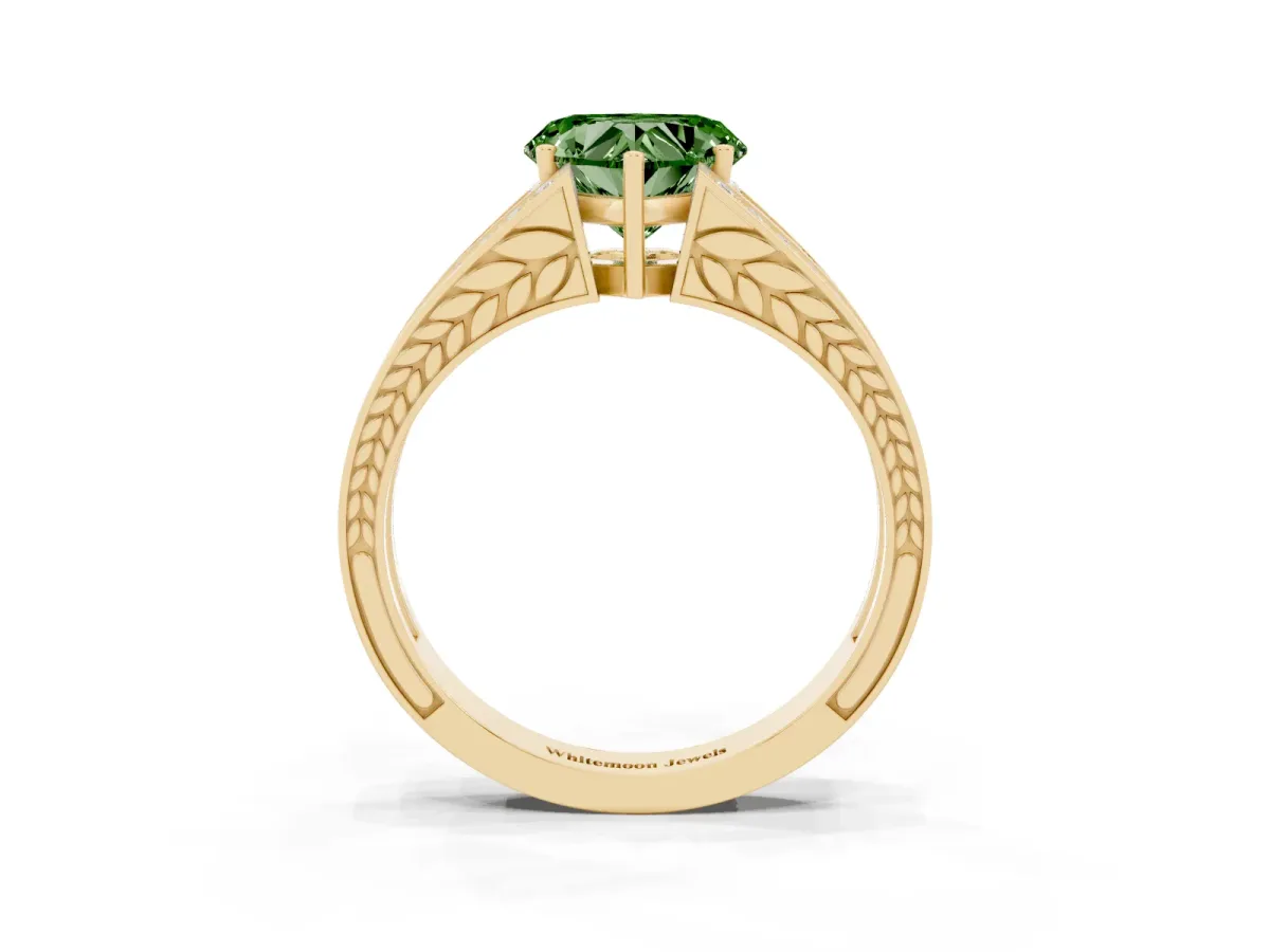 Fancy Green Heart Cut Diamond Split Shank Ring with Pavé Band and Four-Prong Setting Yellow gold
