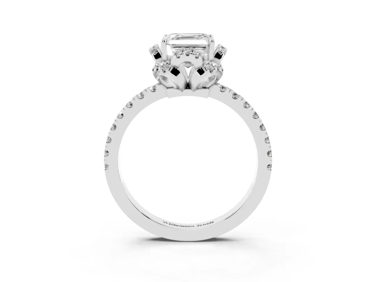 Asscher Cut Halo Diamond Pave Band Ring with Four-Prong Setting Silver