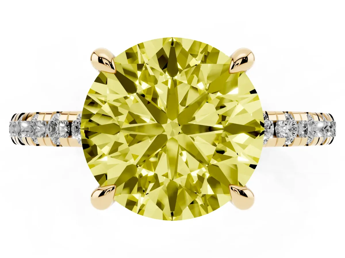 Fancy Yellow Round Cut Diamond Brilliant Solitaire Ring with Pavé Band and Four-Prong Setting Yellow gold
