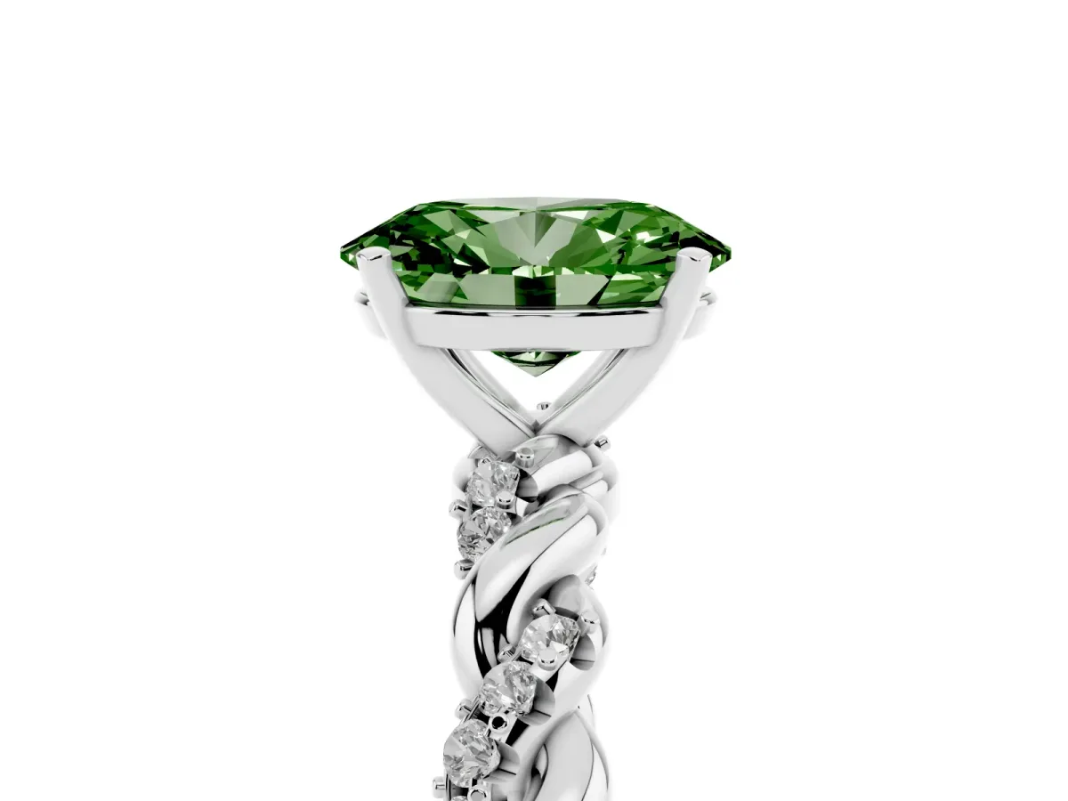 Fancy Green Oval Cut Diamond Solitaire Ring with Twisted Band and Pavé Accents White gold