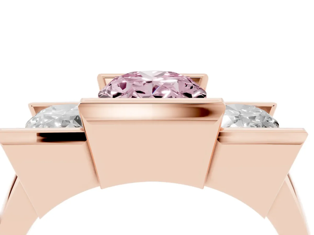 Fancy Pink Three Stone Oval Cut Cut Channel Set Diamond Ring Rose gold