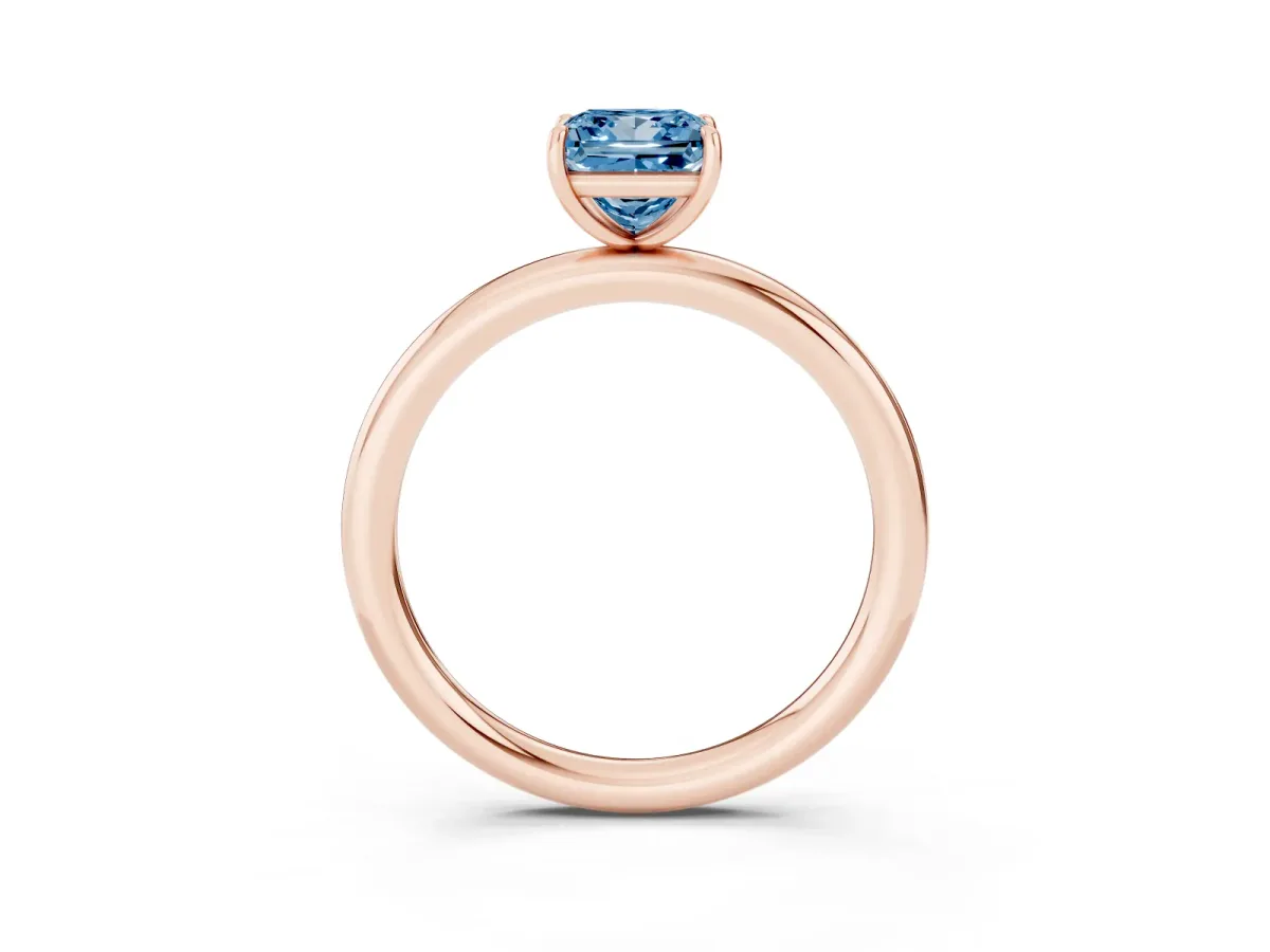 Fancy Blue Princess Cut Solitaire Diamond Ring with Four-Prong Setting on a Plain Band Rose gold