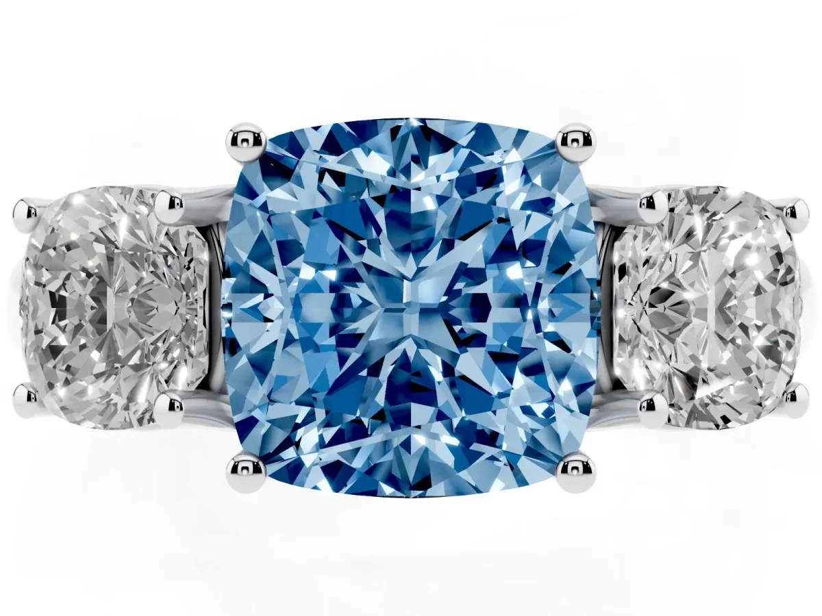 Fancy Blue Three-Stone Cushion Cut Diamond Engagement Ring with Prong Setting White gold