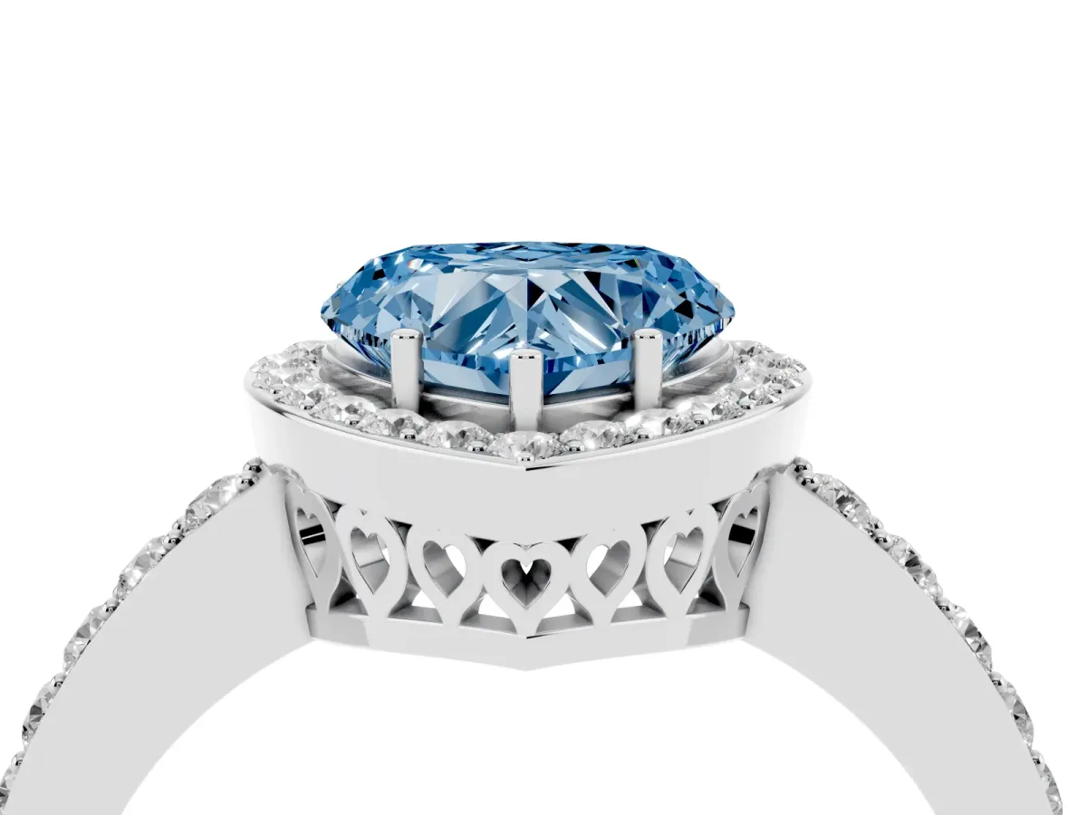 Fancy Blue Heart Cut Halo Diamond Pavé Band Ring with Prong Setting Silver