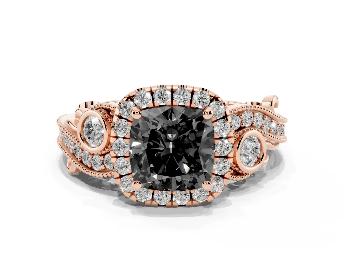 Fancy Black Cushion Cut Halo Diamond Ring with Milgrain and Bezel Accents on a Split Shank Band Rose gold