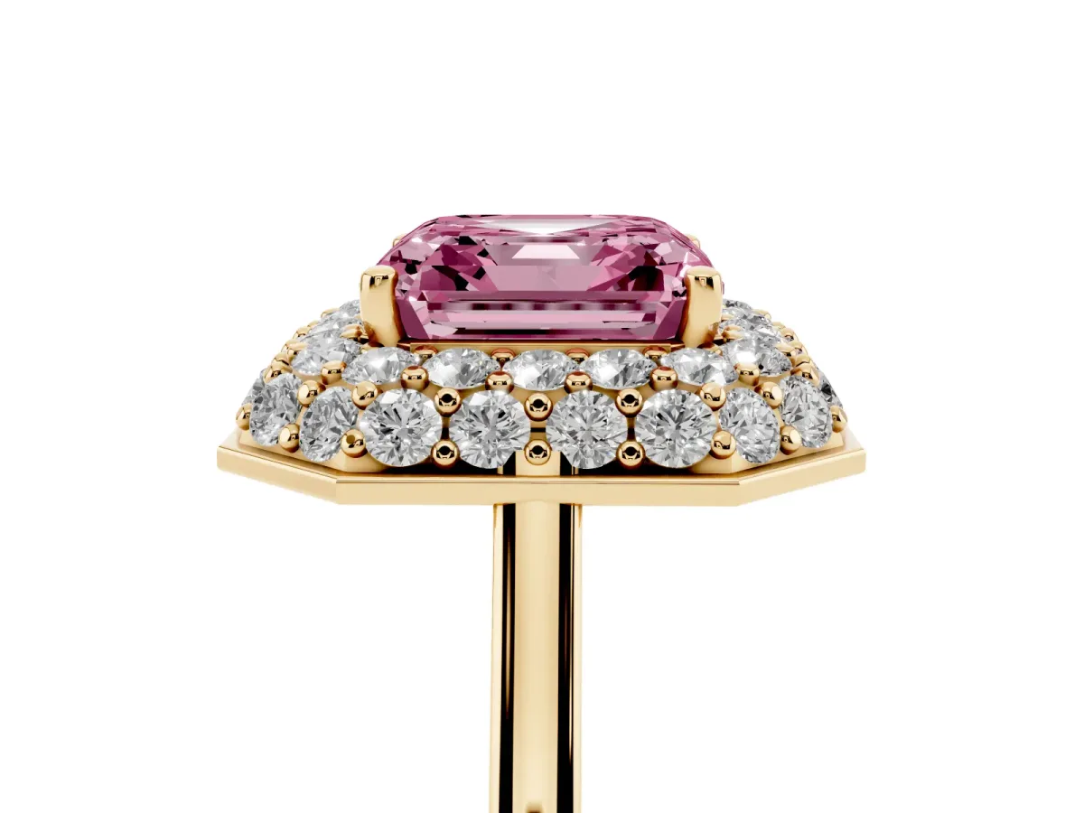 Fancy Pink Asscher Cut Halo Diamond Engagement Ring with Solitaire Band and Four-Prong Setting Yellow gold