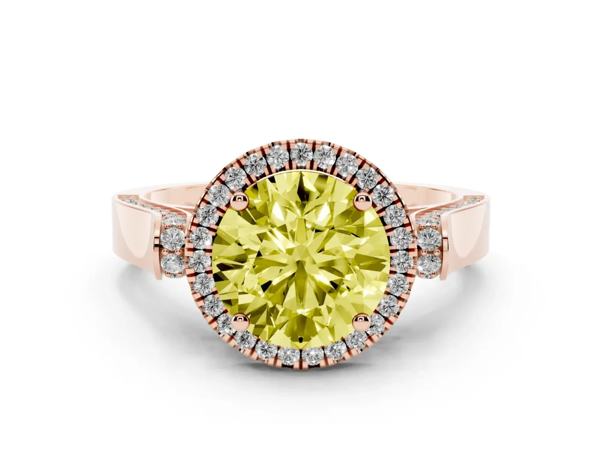 Fancy Yellow Round Cut Halo Pave Split Shank Prong Setting Ring Rose gold