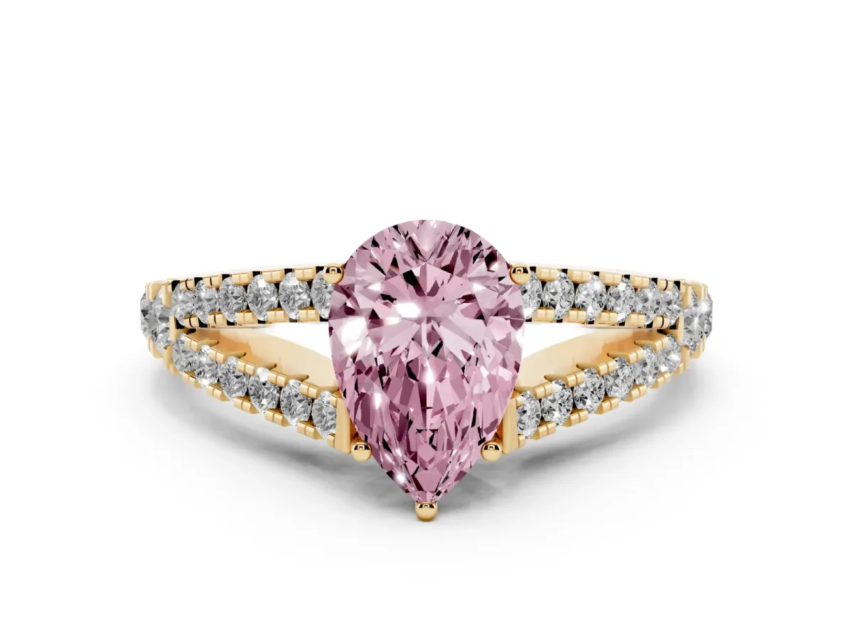 Fancy Pink Pear Cut Diamond Split Shank Engagement Ring with Round Pavé and Prong Setting Yellow gold