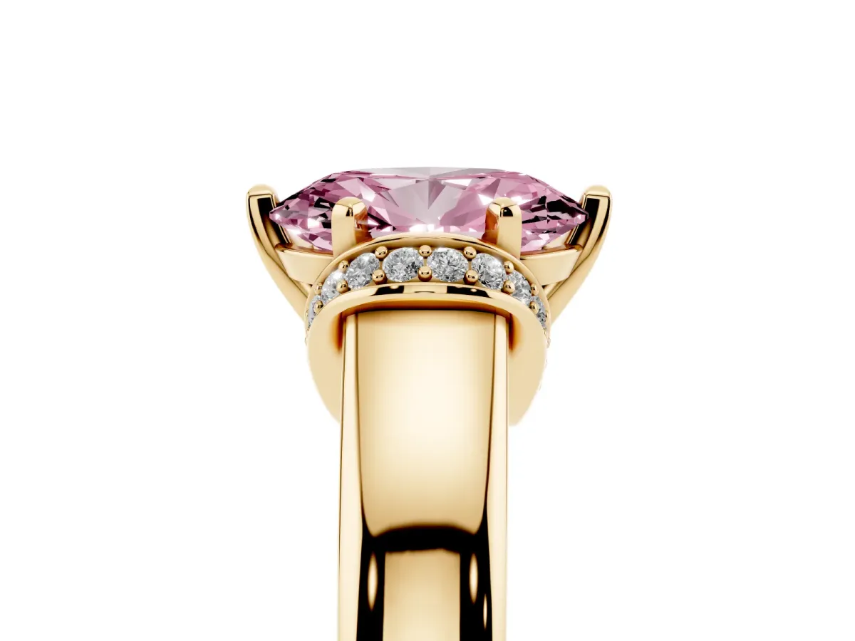 Fancy Pink Oval Cut Solitaire Diamond Ring with Pave Band and Six-Prong Setting Yellow gold