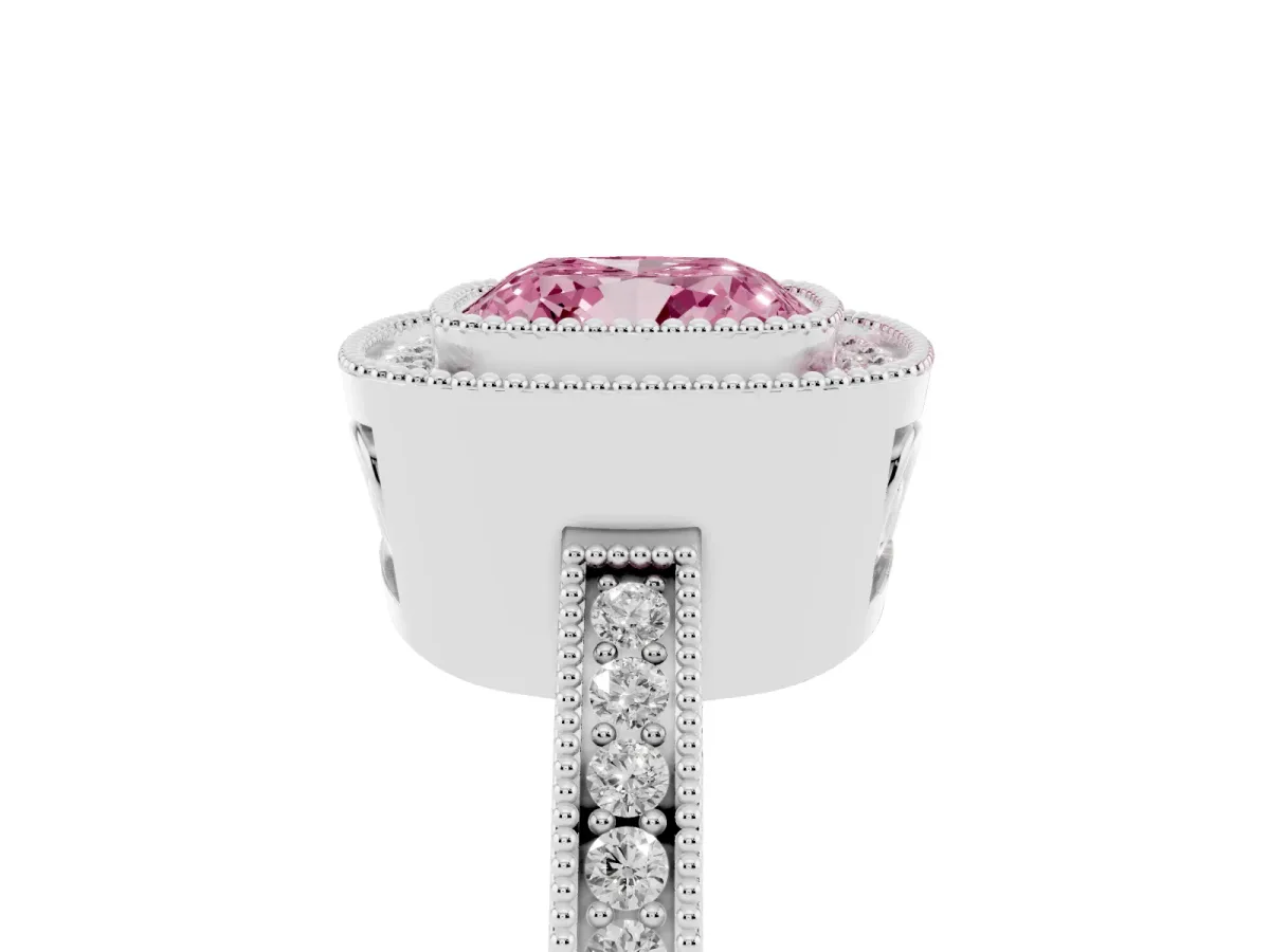 Fancy Pink Cushion Cut Cut Halo Diamond Ring with Pavé Band and Milgrain Prong Setting Platinum