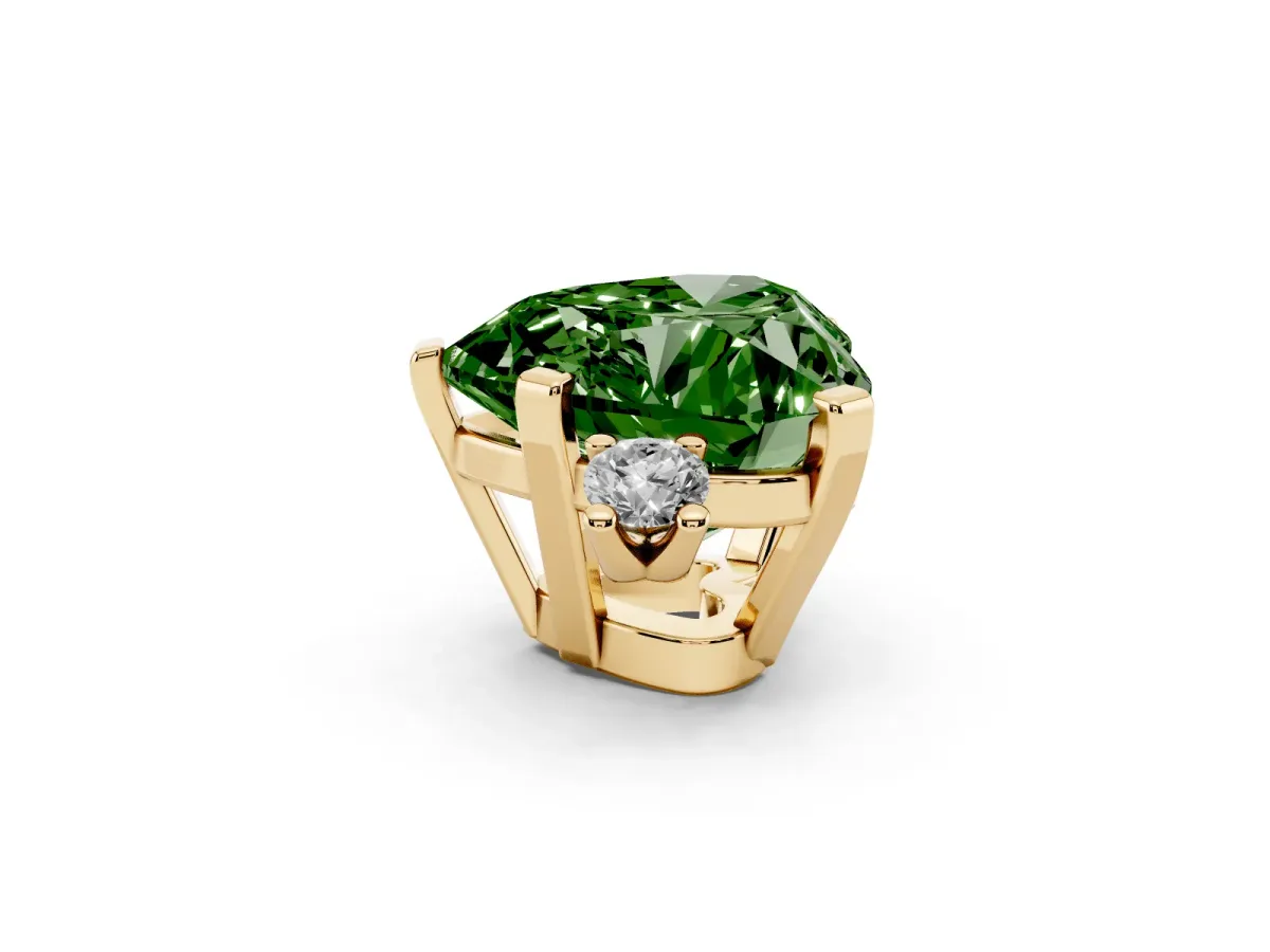 Fancy Green Heart Cut Cut Three-Stone Solitaire Ring with Round Accent Diamonds and Four-Prong Setting Yellow gold
