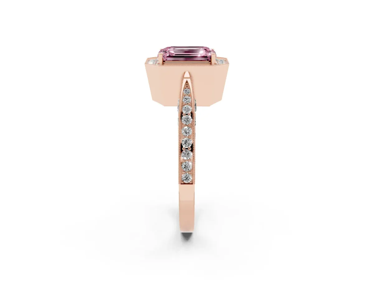 Fancy Pink Emerald Cut Halo Diamond Engagement Ring with Split Shank Band and Four-Prong Setting Rose gold