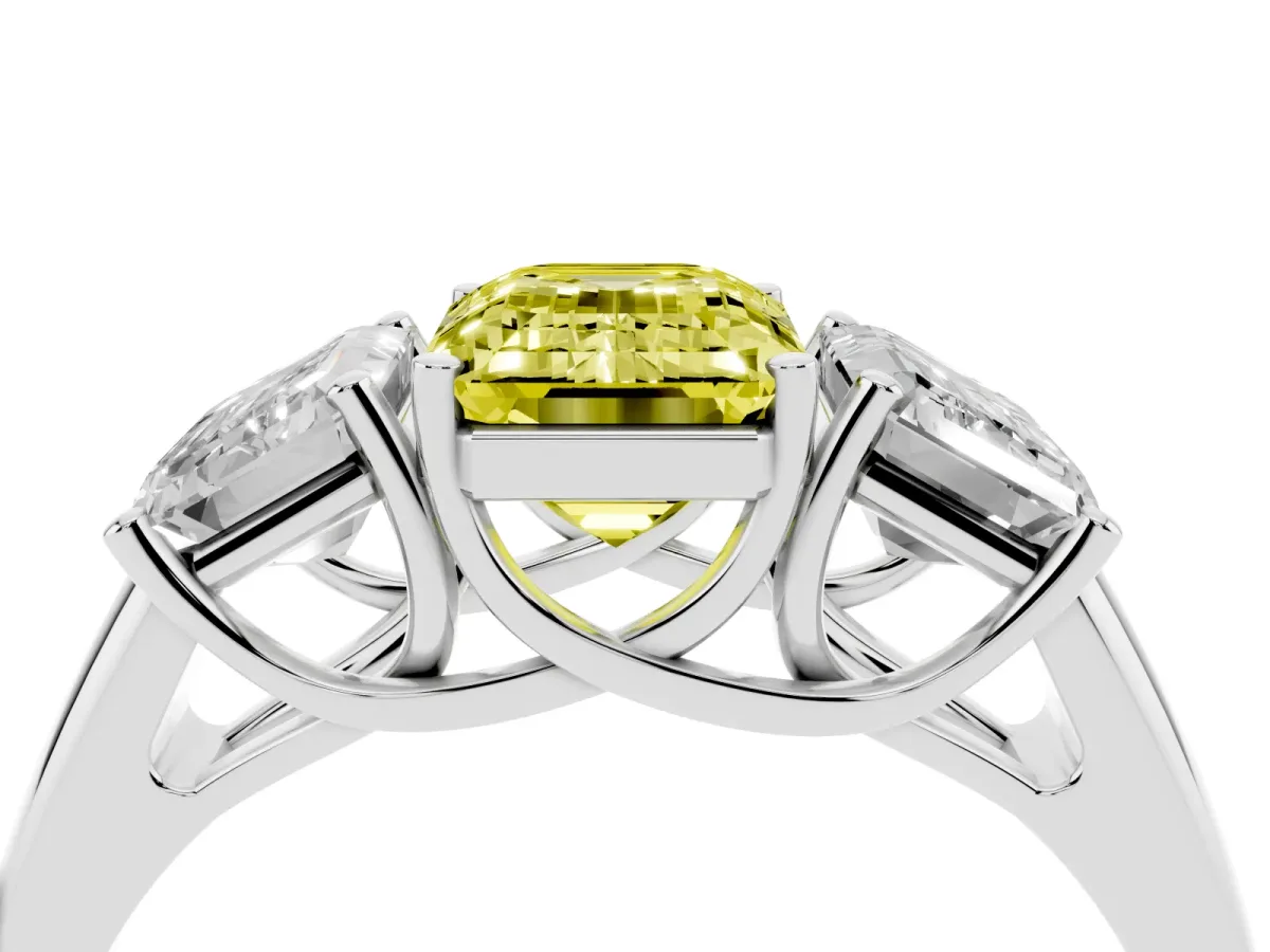 Fancy Yellow Three-Stone Emerald Cut Diamond Engagement Ring with Prong Setting White gold