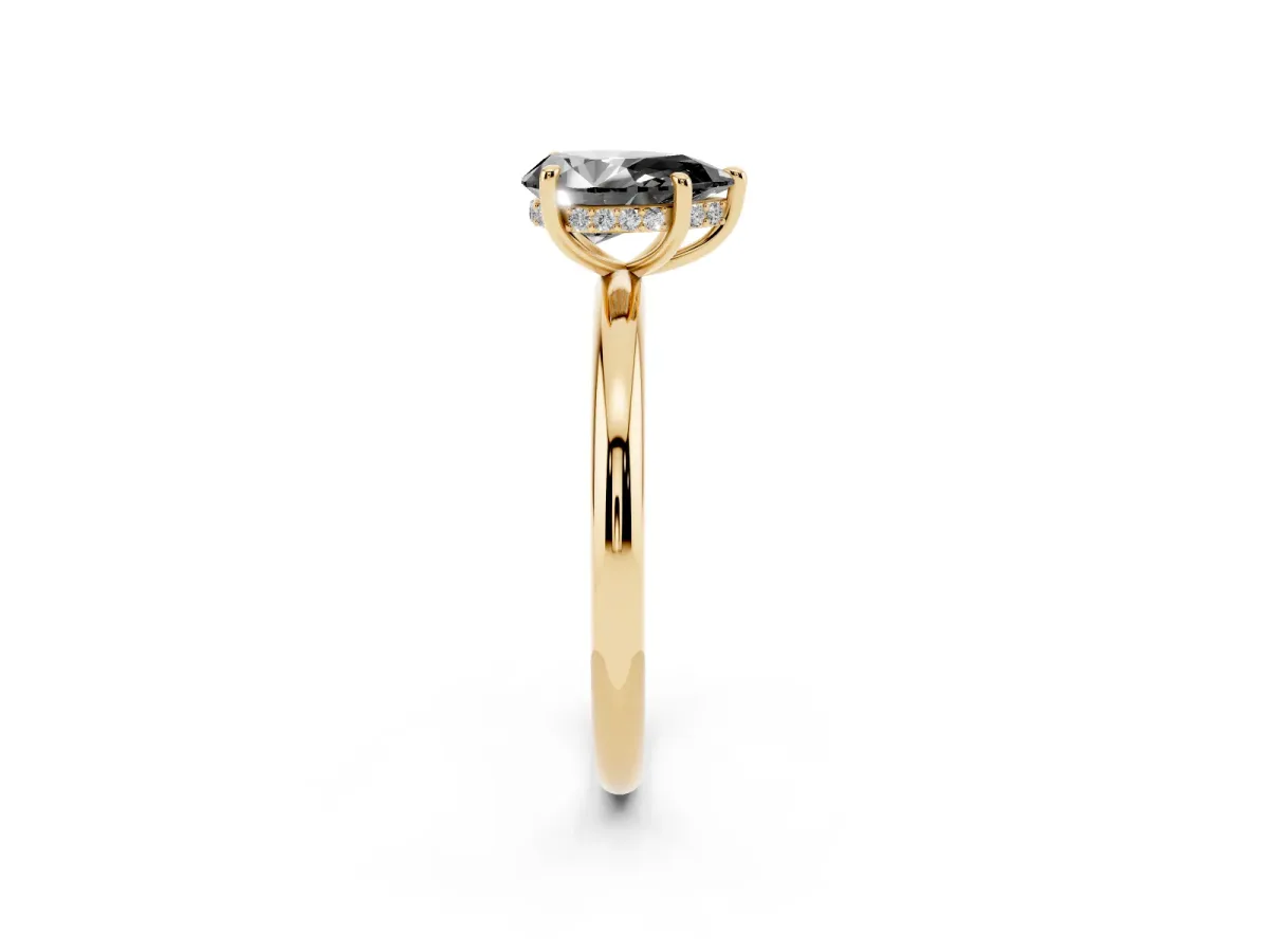 Fancy Black Pear Cut Diamond Solitaire Ring with Thin Band and Four-Prong Setting Yellow gold