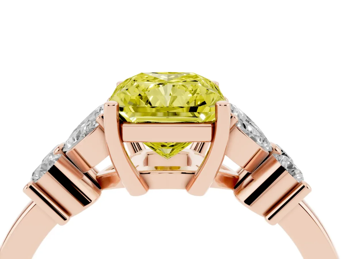 Fancy Yellow Radiant Cut Diamond Floral Cluster Ring with Solitaire Band and Prong Setting Rose gold
