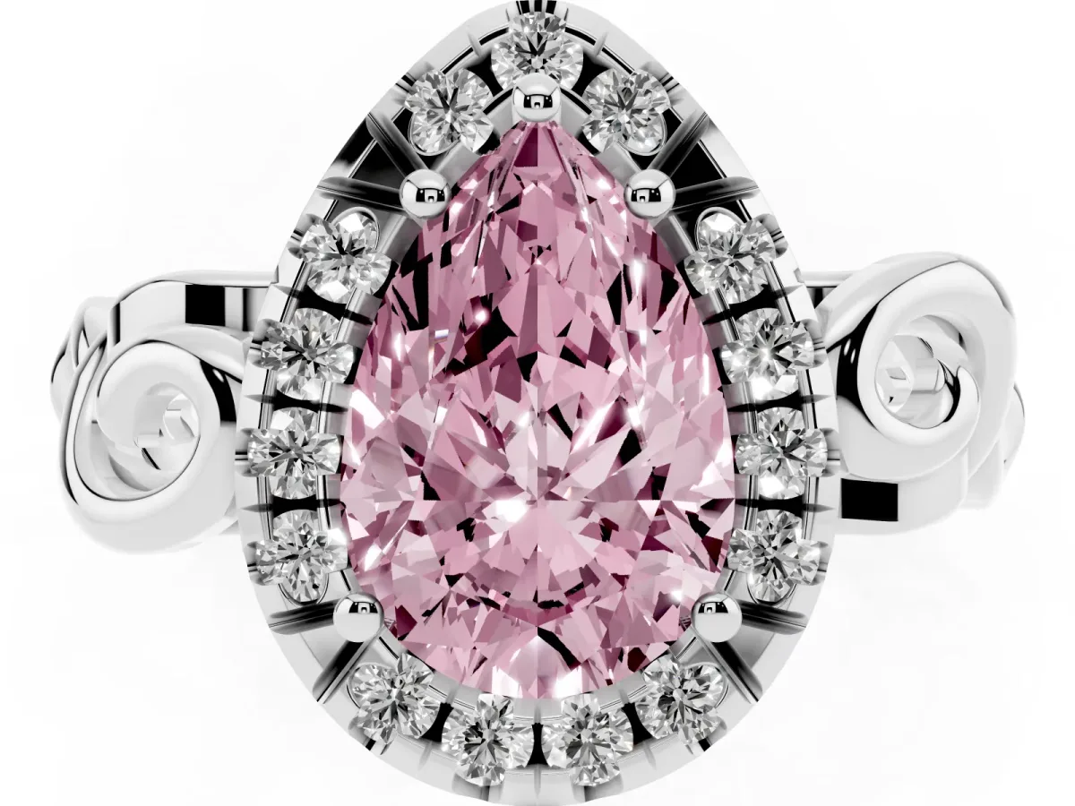 Fancy Pink Pear Cut Cut Halo Diamond Ring with Scrollwork Band and Four-Prong Setting Silver