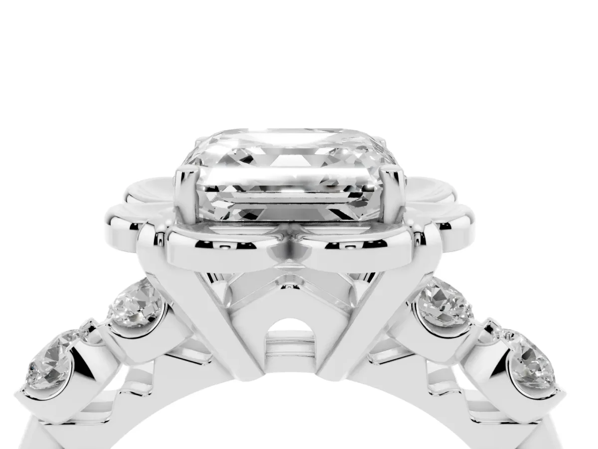 Asscher Cut Cut Diamond Floral Halo Engagement Ring with Shared Prong Setting Silver