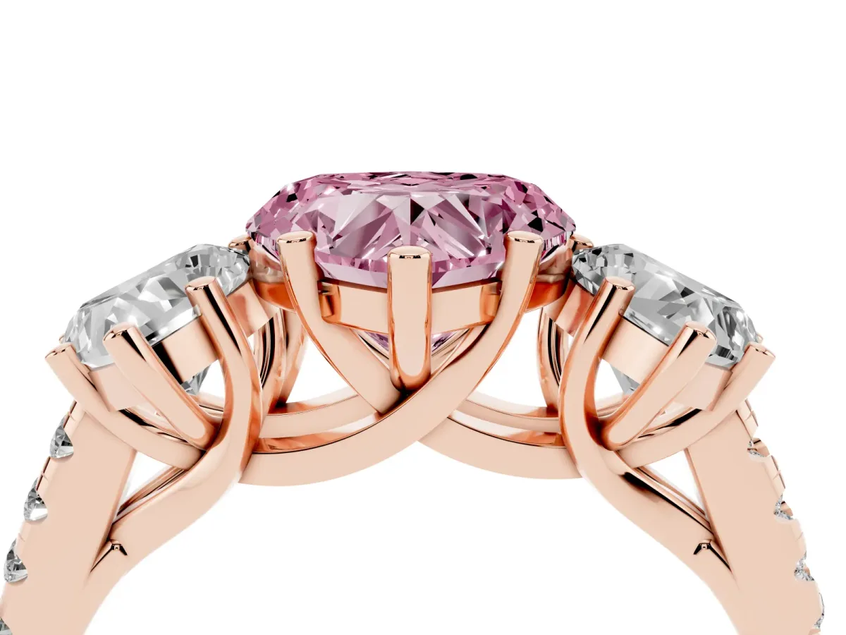 Fancy Pink Three-Stone Heart Cut Diamond Ring with Round Pavé Band and Prong Setting Rose gold