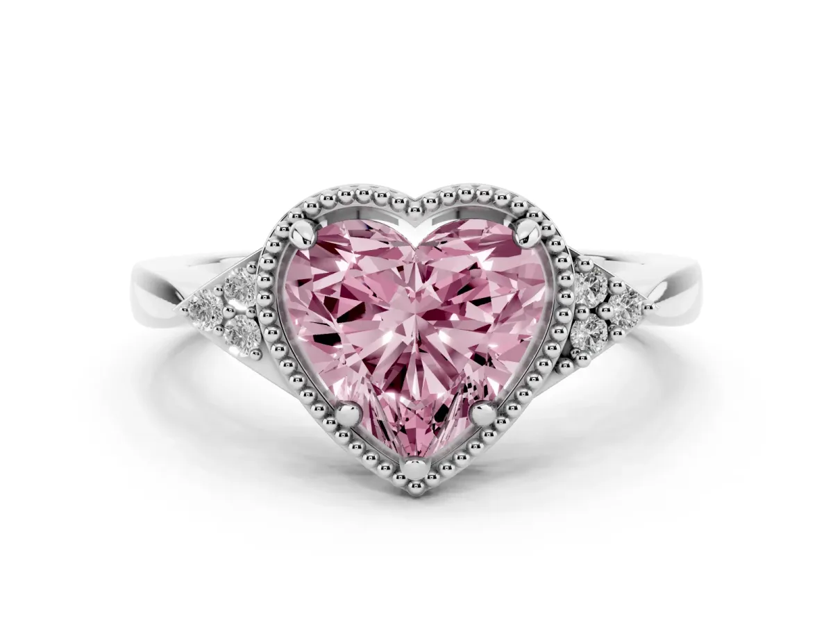Fancy Pink Hexagonal Halo Heart Cut Diamond Solitaire with Pavé Band and Four-Prong Setting Silver