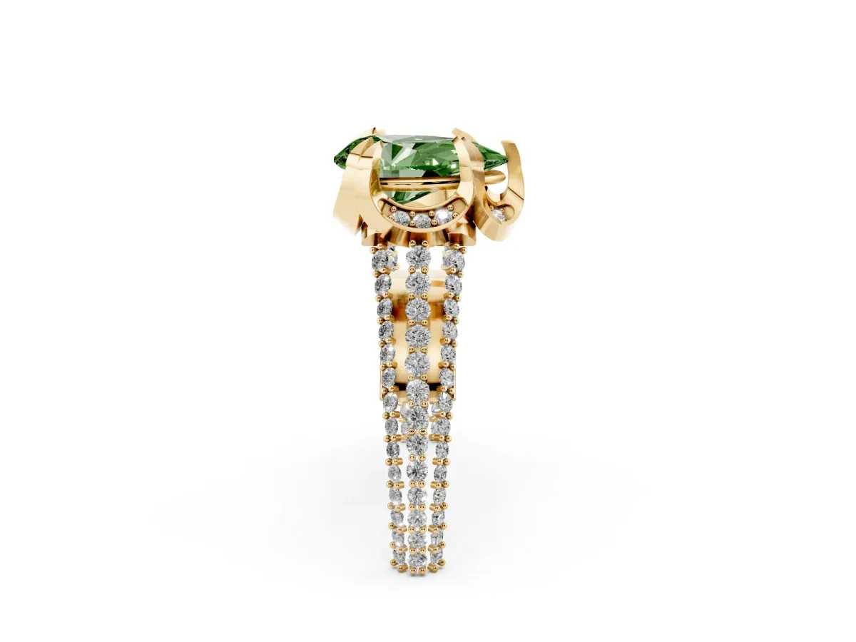 Fancy Green Pear Cut Solitaire Pave Split Shank Ring with Four-Prong Setting Yellow gold
