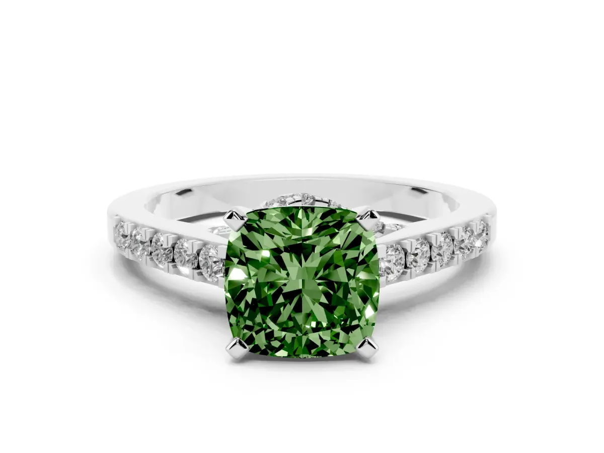 Fancy Green Cushion Cut Diamond Solitaire Ring with Crossover Gallery and Round Pavé Band Platinum