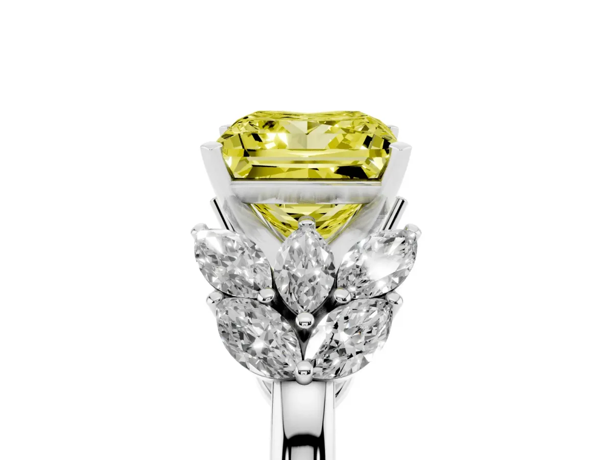 Fancy Yellow Princess Cut Diamond Cluster Leaf Design Ring with Prong Setting Silver