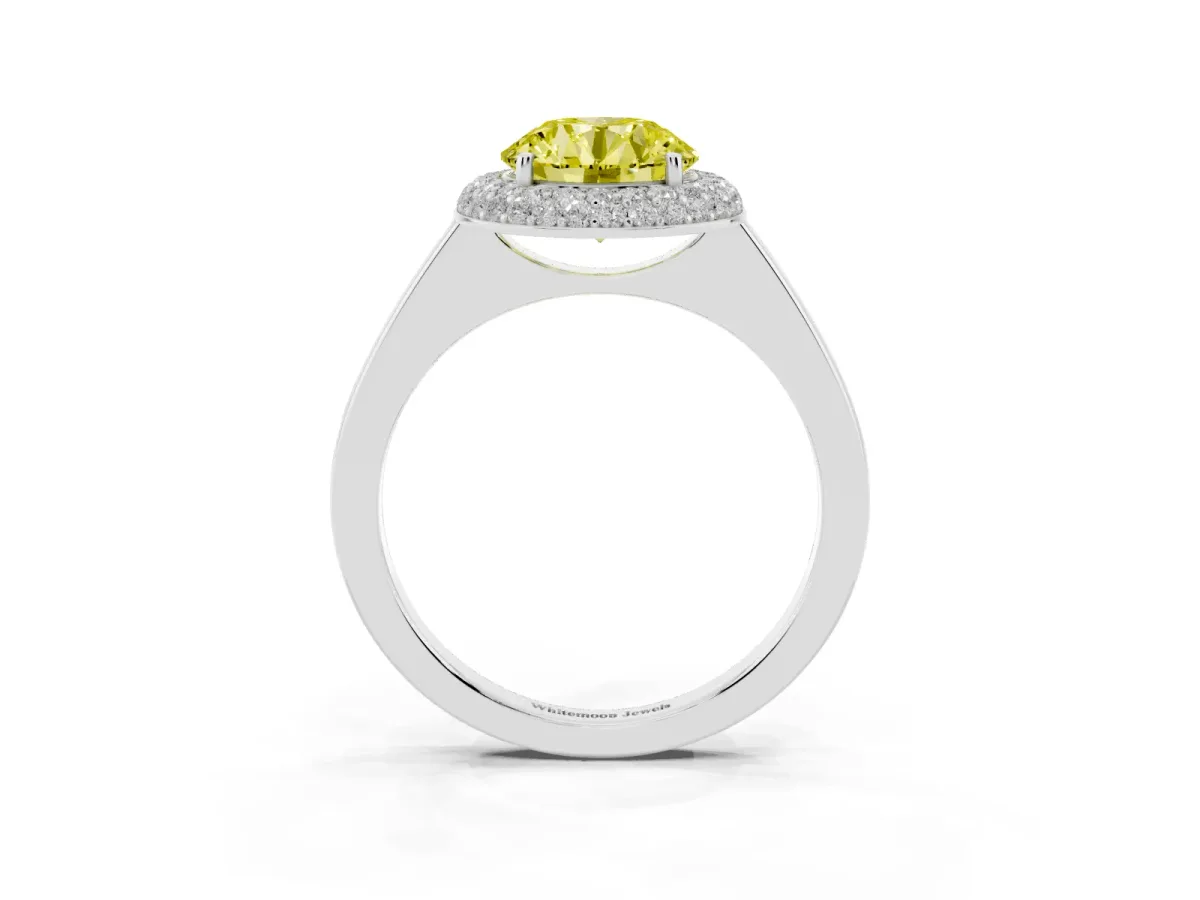Fancy Yellow Round Cut Halo Diamond Engagement Ring with Solitaire Band and Four-Prong Setting Platinum
