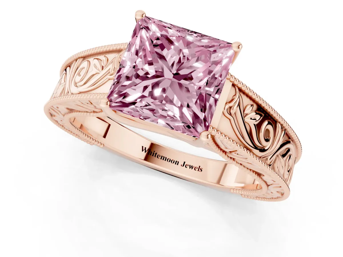 Fancy Pink Princess Cut Diamond Solitaire Ring with Engraved Band and Four-Prong Setting Rose gold