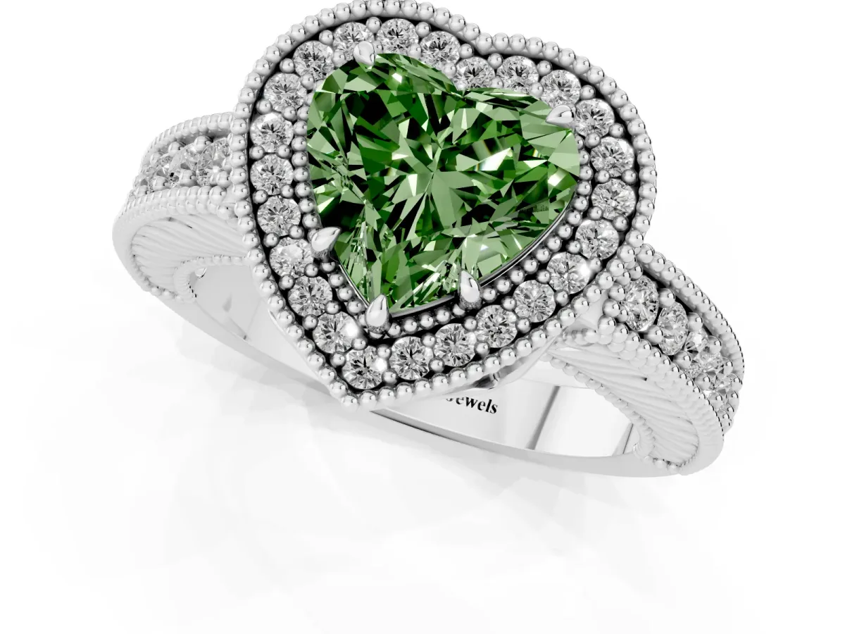 Fancy Green Heart Cut Cut Halo Diamond Ring with Pavé Band and Four-Prong Setting Platinum
