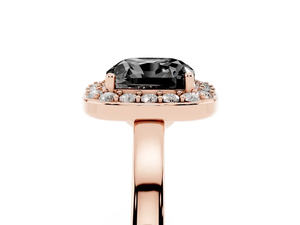Fancy Black Cushion Cut Halo Diamond Ring with Solitaire Band and Prong Setting Rose gold
