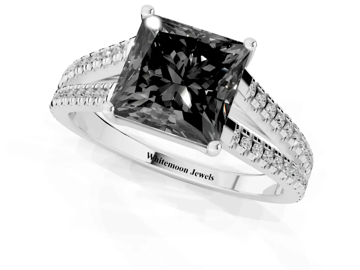 Fancy Black Princess Cut Diamond Solitaire Engagement Ring with Split Shank Pavé Band Silver