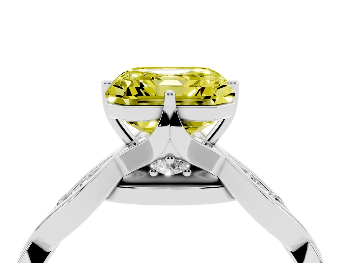 Fancy Yellow Asscher Cut Solitaire Twist Band with Leaf Prong Setting Silver