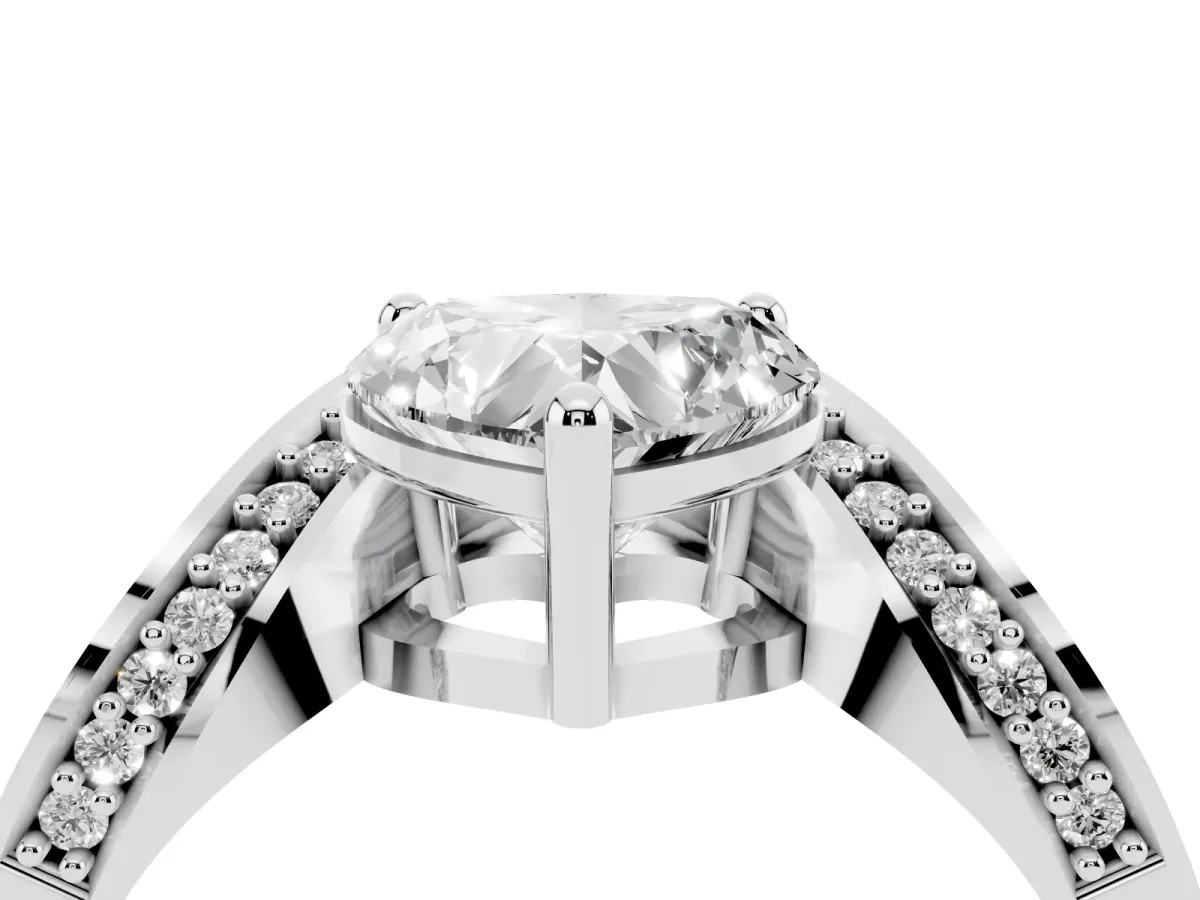 Heart Cut Solitaire Diamond Engagement Ring with Pave Band and Four-Prong Setting Silver