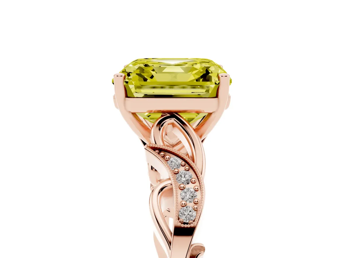 Fancy Yellow Asscher Cut Solitaire Vine Band with Milgrain Prong Setting Rose gold