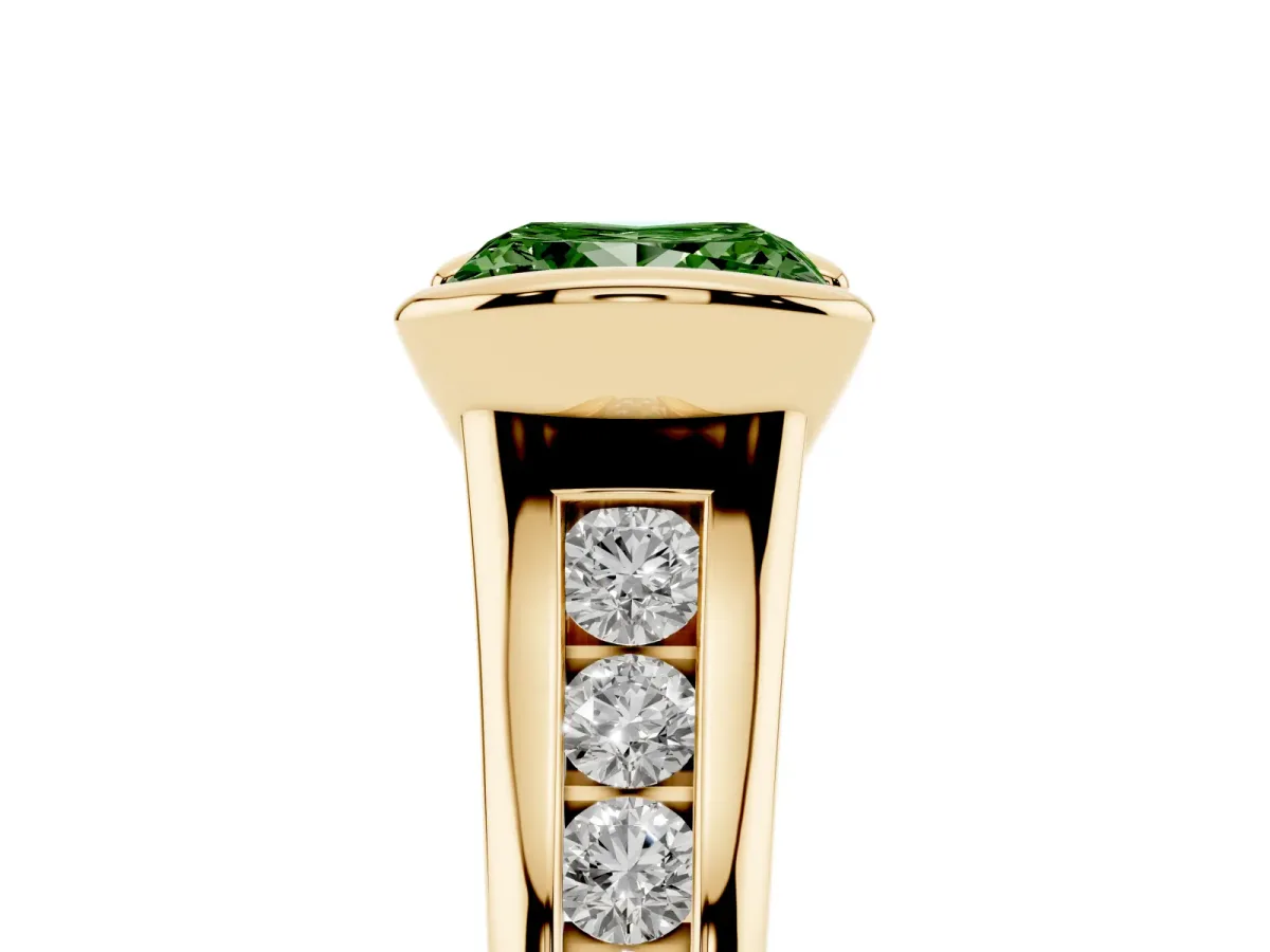 Fancy Green Princess Cut Solitaire Bezel-Set Diamond Ring with Channel-Set Band Yellow gold