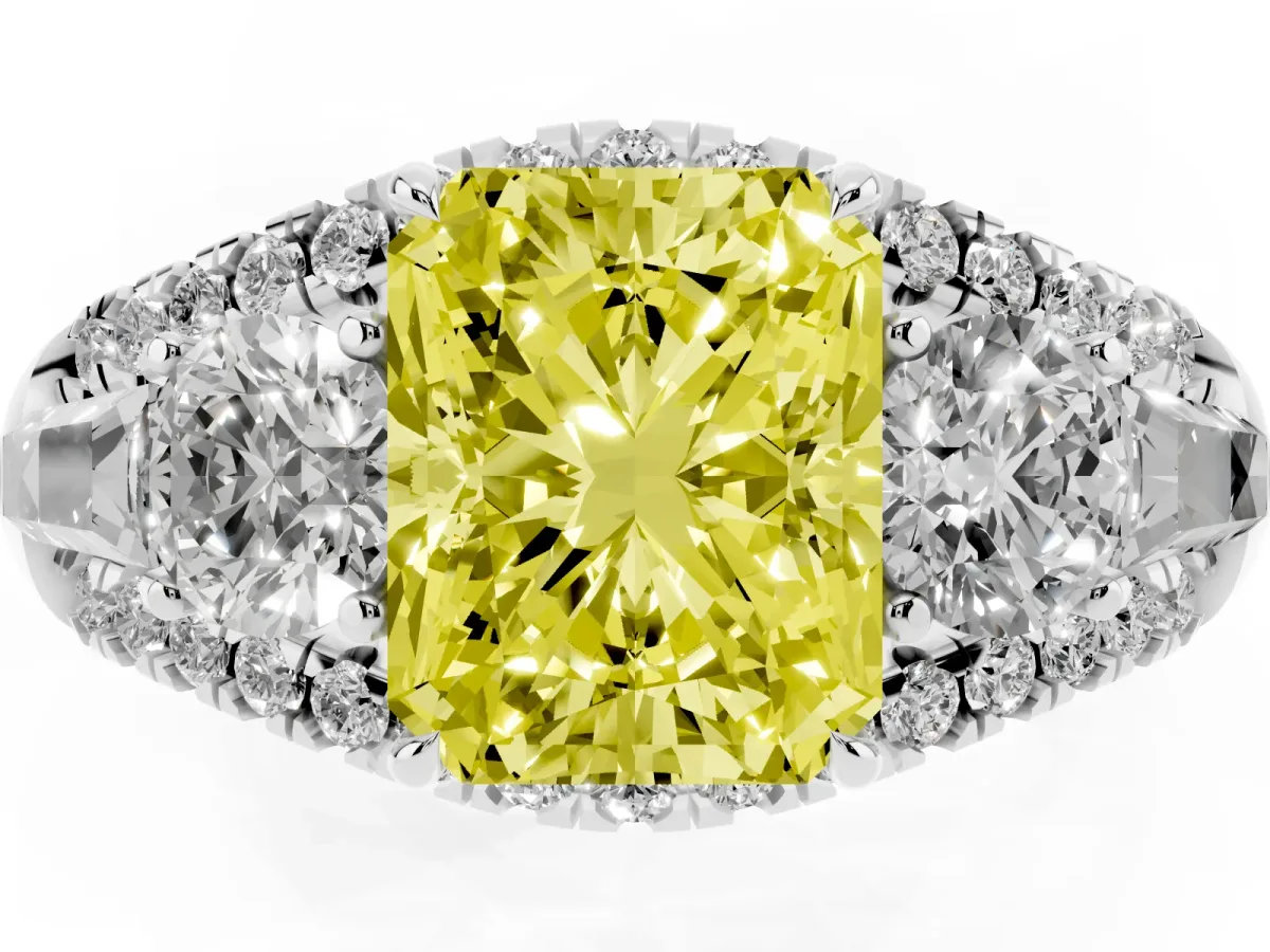 Fancy Yellow Three-Stone Radiant Cut Diamond Engagement Ring with Pave Band and Prong Setting Silver