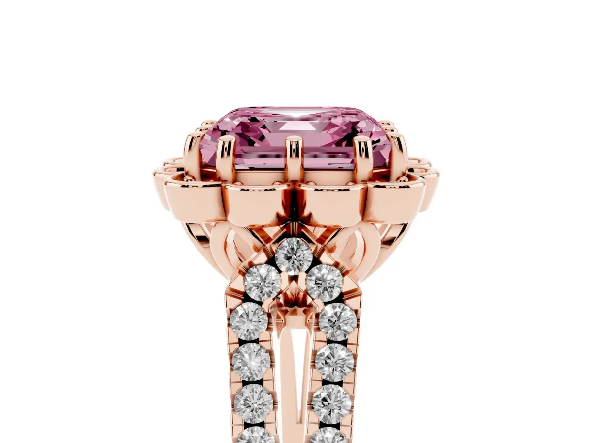 Fancy Pink Asscher Cut Halo Diamond Floral Split Shank Engagement Ring Rose gold