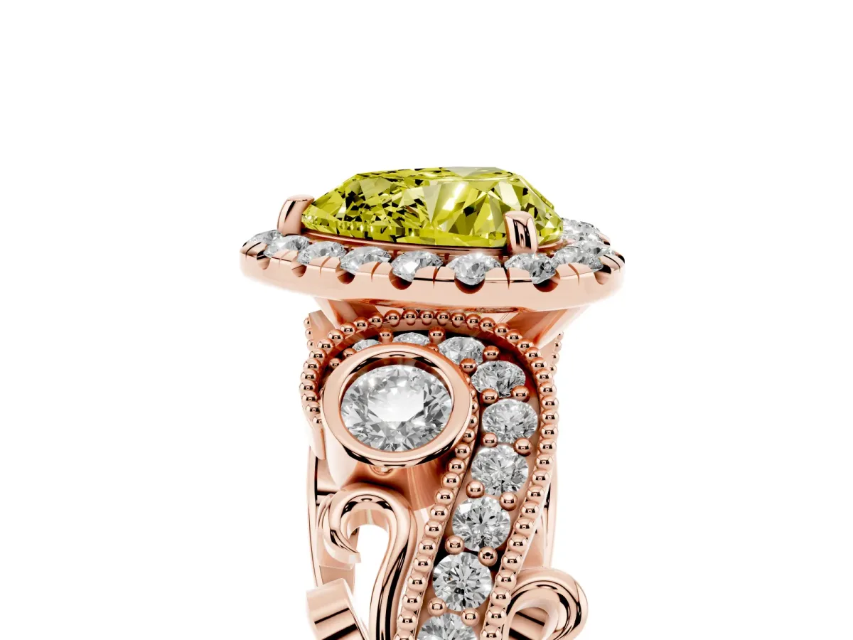 Fancy Yellow Heart Cut Diamond Halo Ring with Milgrain Pavé Band and Four-Prong Setting Rose gold