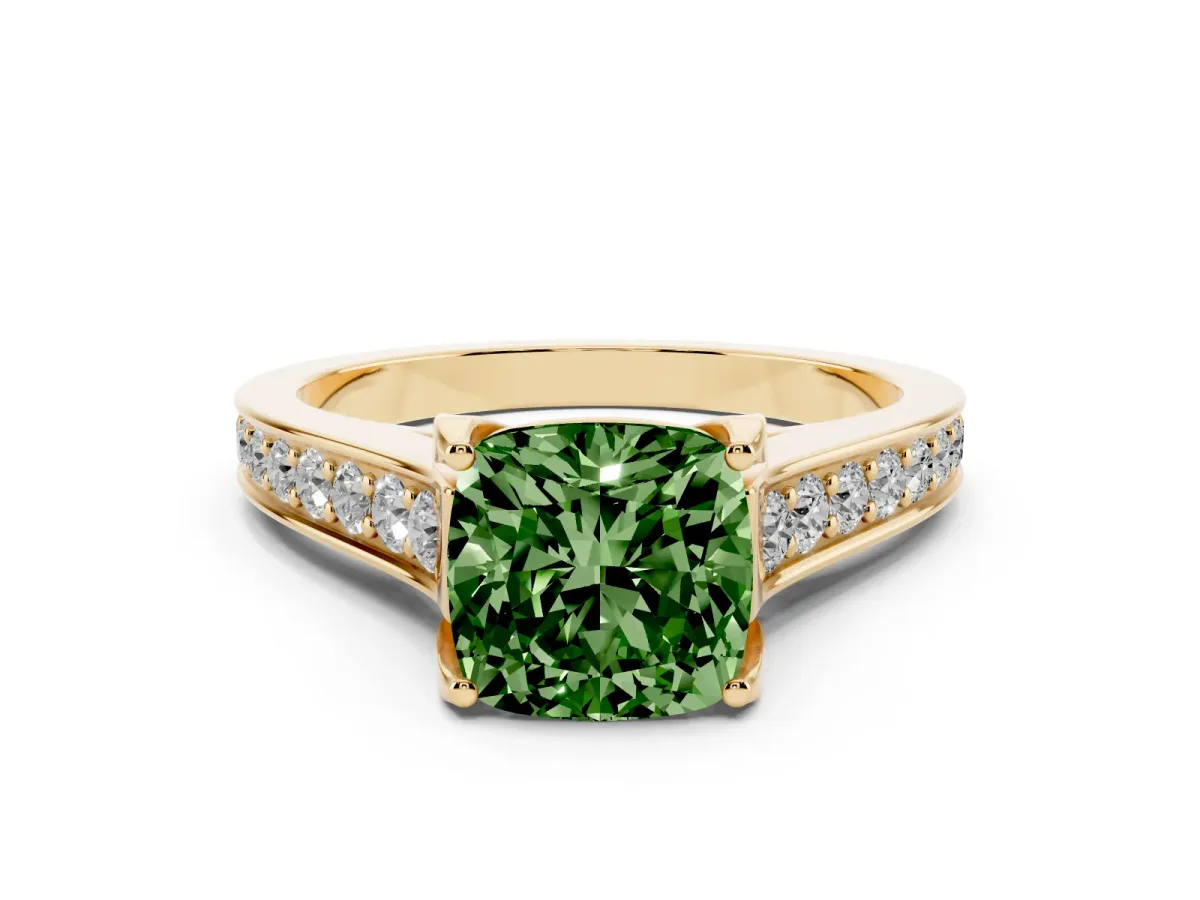Fancy Green Cushion Cut Brilliant Cut Diamond Engagement Ring with Pavé Band and Four-Prong Setting Yellow gold