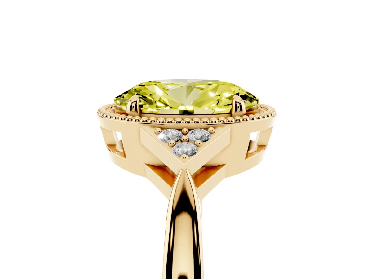 Fancy Yellow Hexagonal Halo Oval Cut Diamond Solitaire with Pavé Band and Four-Prong Setting Yellow gold
