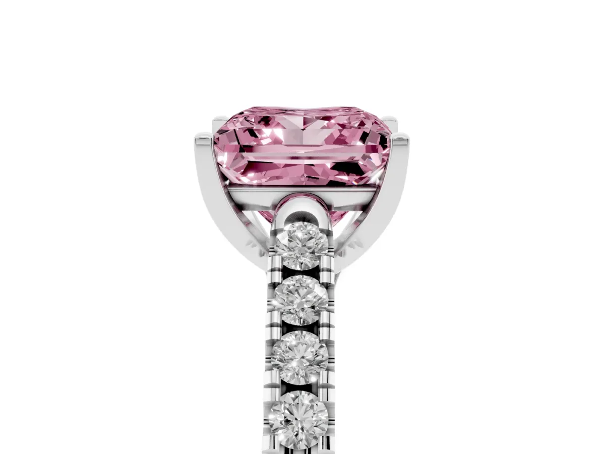 Fancy Pink Princess Cut Diamond Pavé Band Solitaire Ring with Prong Setting Platinum