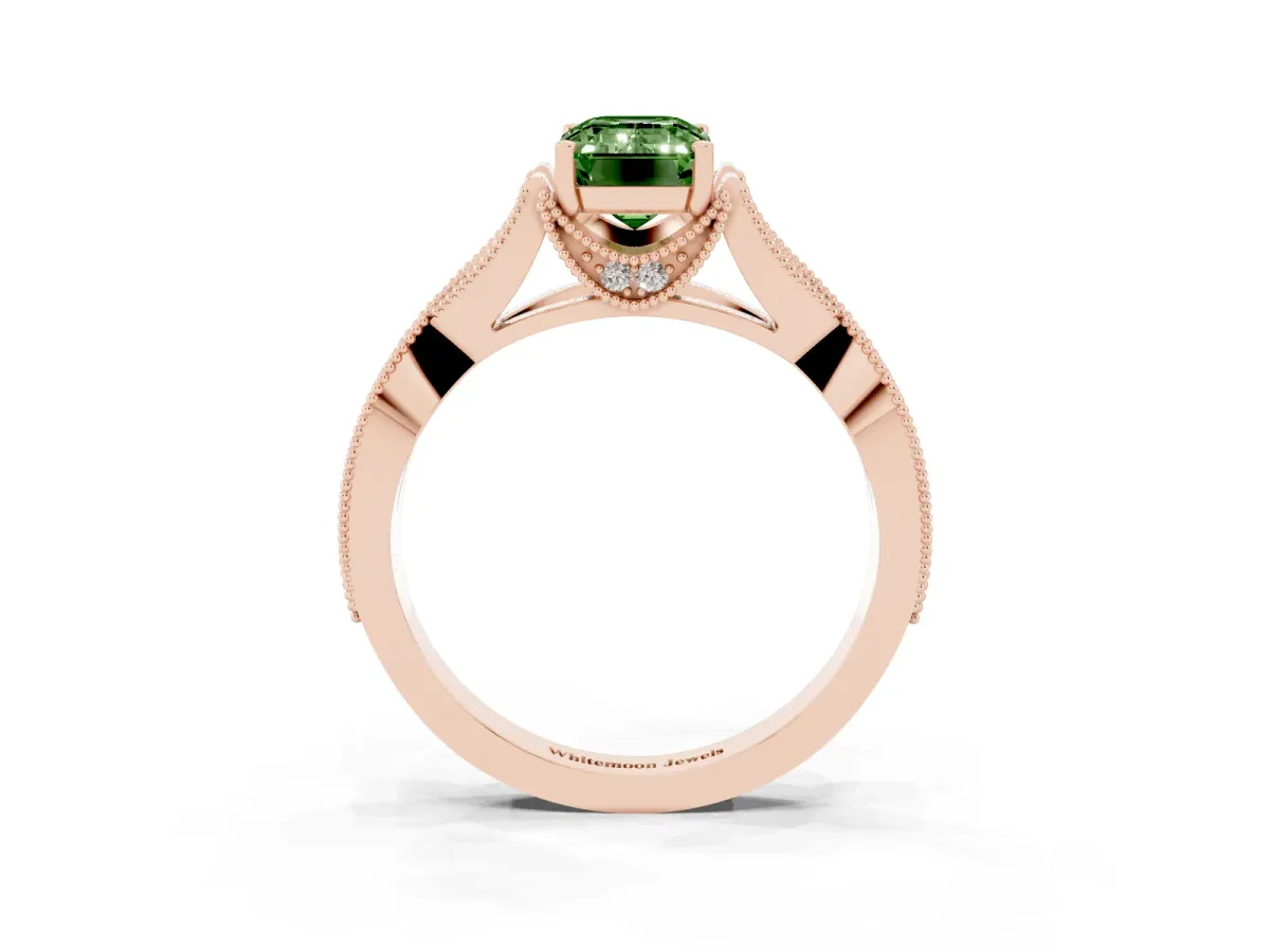 Fancy Green Emerald Cut Cut Diamond Twisted Band with Milgrain Pave Setting and Four-Prong Setting Rose gold