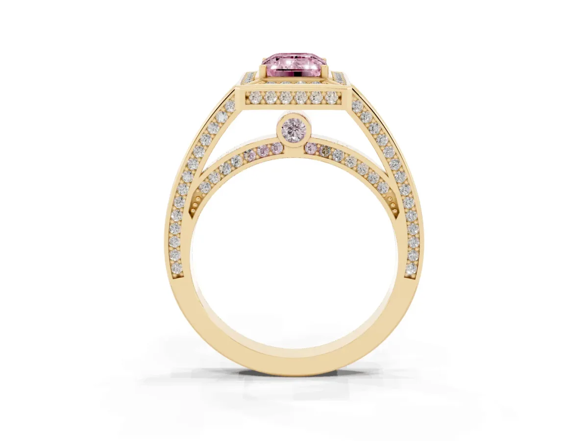 Fancy Pink Emerald Cut Cut Halo Pave Split Shank Prong Setting Ring Yellow gold